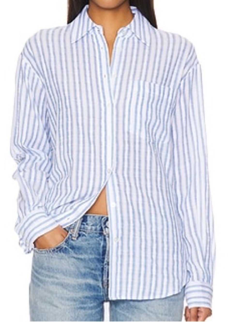 Veronica Beard Keiko Blue White Eyelet Stripe Button Down Shirt Sz L